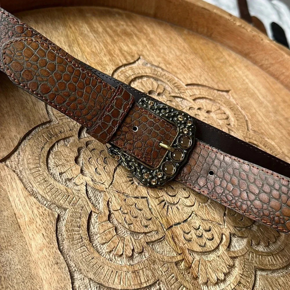 BERGE Croc Embossed Belt Leather Brown Embellished Buckle, Size Small - Picture 11 of 15